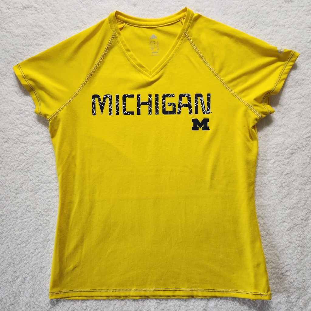 Adidas Michigan Wolverines V-Neck T-Shirt Large Gold Collegiate Activewear Tee